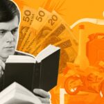 Молодой предприниматель изучает налоги в Польше для ИП на фоне банкнот и символов расходов, с акцентом на ryczałt, podatek liniowy и skala podatkowa