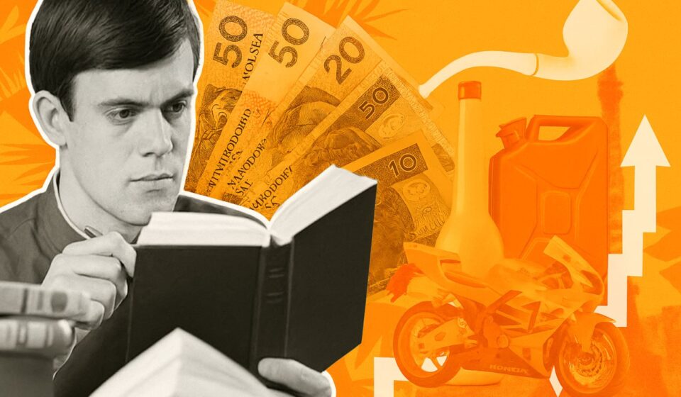 Молодой предприниматель изучает налоги в Польше для ИП на фоне банкнот и символов расходов, с акцентом на ryczałt, podatek liniowy и skala podatkowa